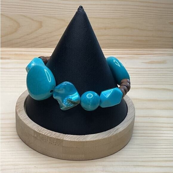 Faux Turquoise Beaded Bracelet With Wood Accents - Picture 3 of 3